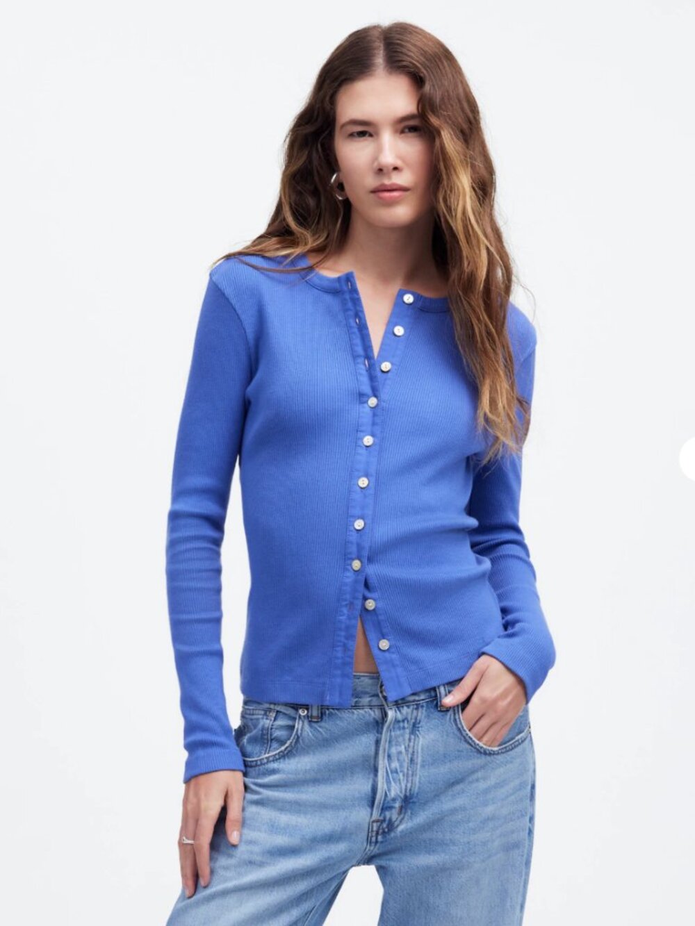 Madewell Blue Button-Front Ribbed Long-Sleeve Sweater